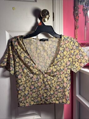 Forever 21 Yellow Floral Wrap-Style Crop Top